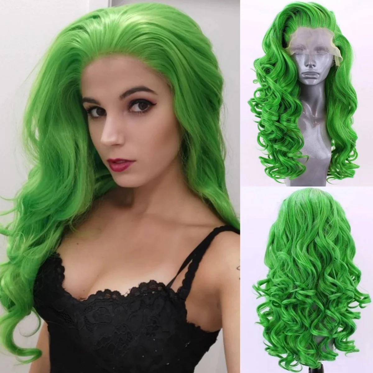

Зеленый парик фронта шнурка Длинные объемные волны Парики Термостойкие 13x4 HD Синтетический парик фронтальной части шнурка Косплей Повседневная одежда для вечеринок для женщин