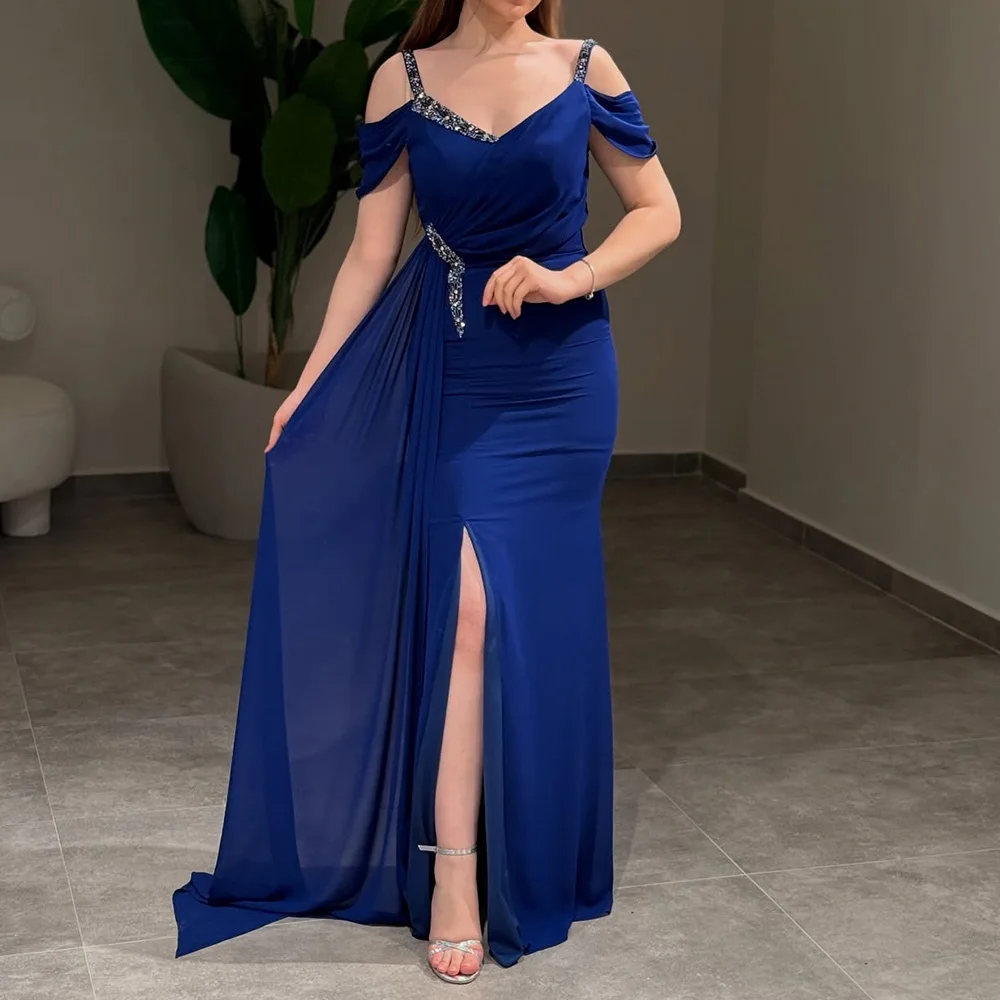 

Customized A-Line Prom Dresses Floor-Length V-Neck Sleeveless Evening Gown Fashion Sequined Pleat Simple Draped Party Gown