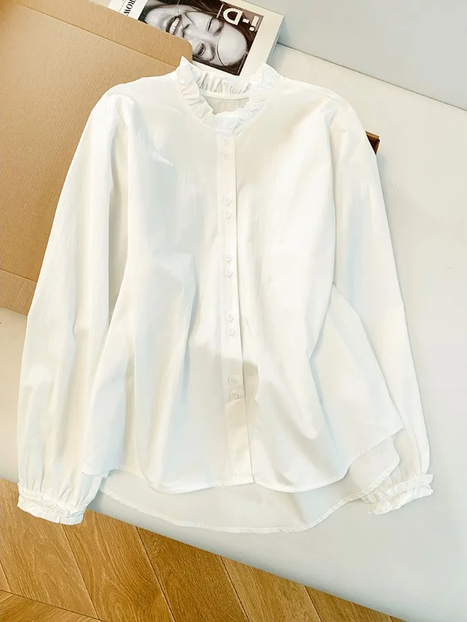 

White Lace Collar Lantern Sve Long Sve irt Women Early Spring New Design Loose Versatile Slimming Simple Top