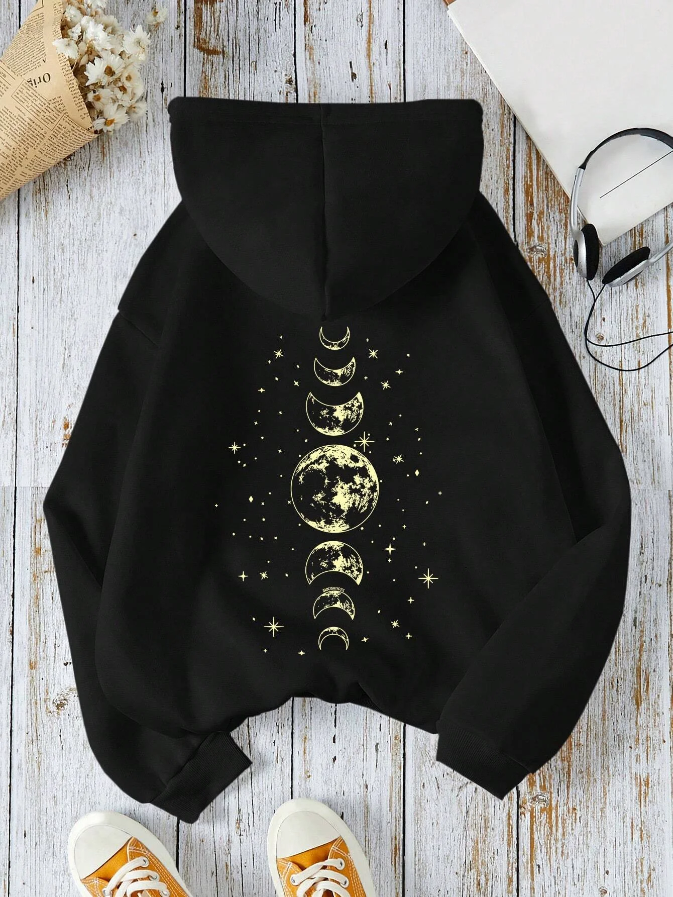 New hoodies with different moon prints, front and back printed hoodies, casual and fashionable Y2K women\'s clothing, high street