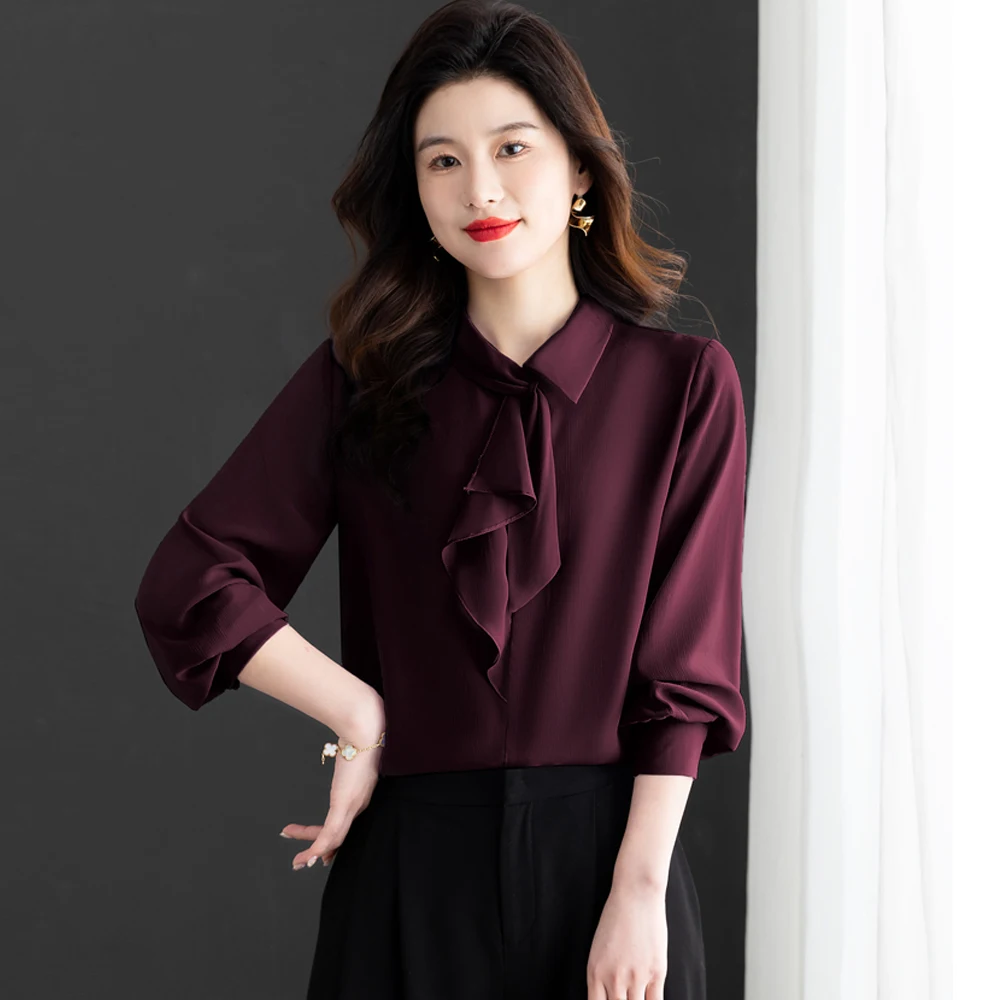 Spring Autumn Elegant Fashion Scarf Collar Shirt Ladies Long Sleeve Solid Color Simple  Korean OL Style Tops Women Casual Blouse