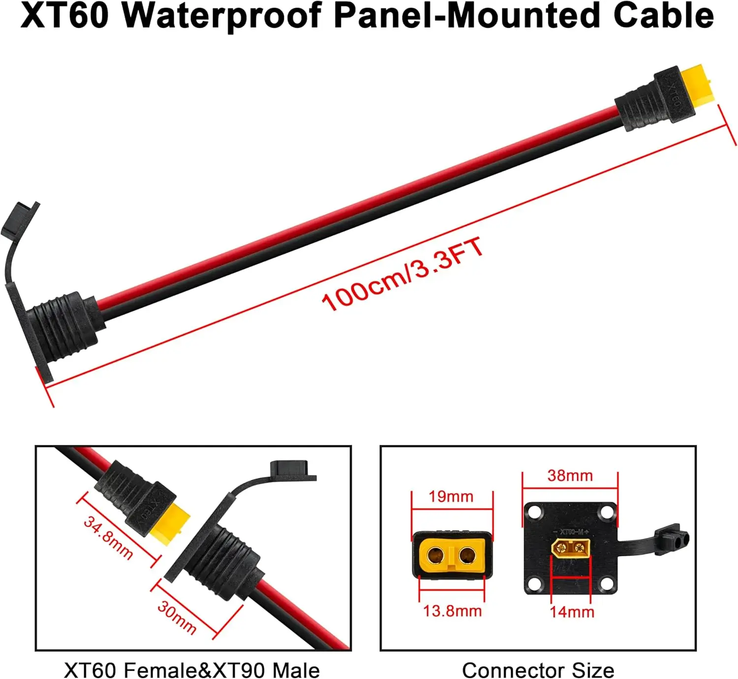 JMUYTOP 3FT 12AWG XT60 Panel Mount Cable XT90 Male to Female Cable Heavy Duty Solar Generator/LiPo Battery/FPV Drone Adapter