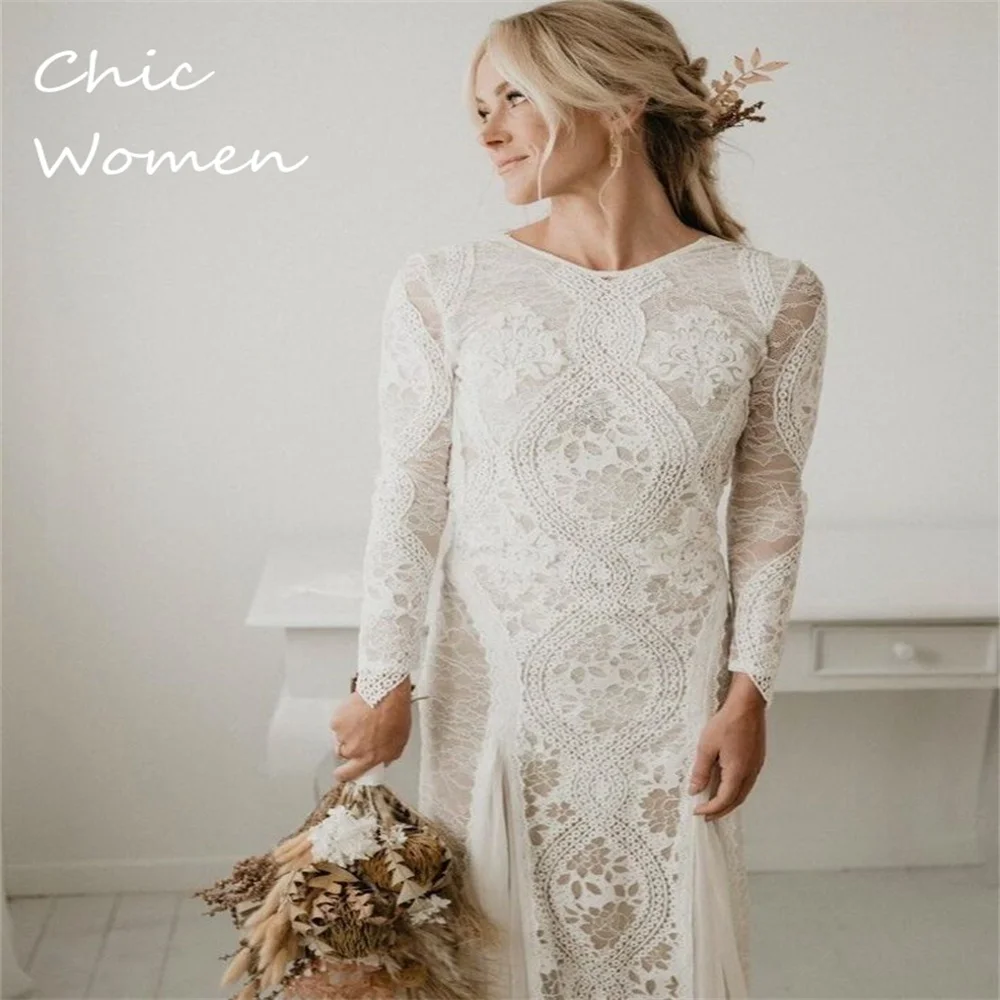 Abito da sposa Boho in pizzo a maniche lunghe per la sposa civile 2023 abiti da sposa Sexy da spiaggia estivi senza schienale pizzo all'uncinetto Rue De Seine