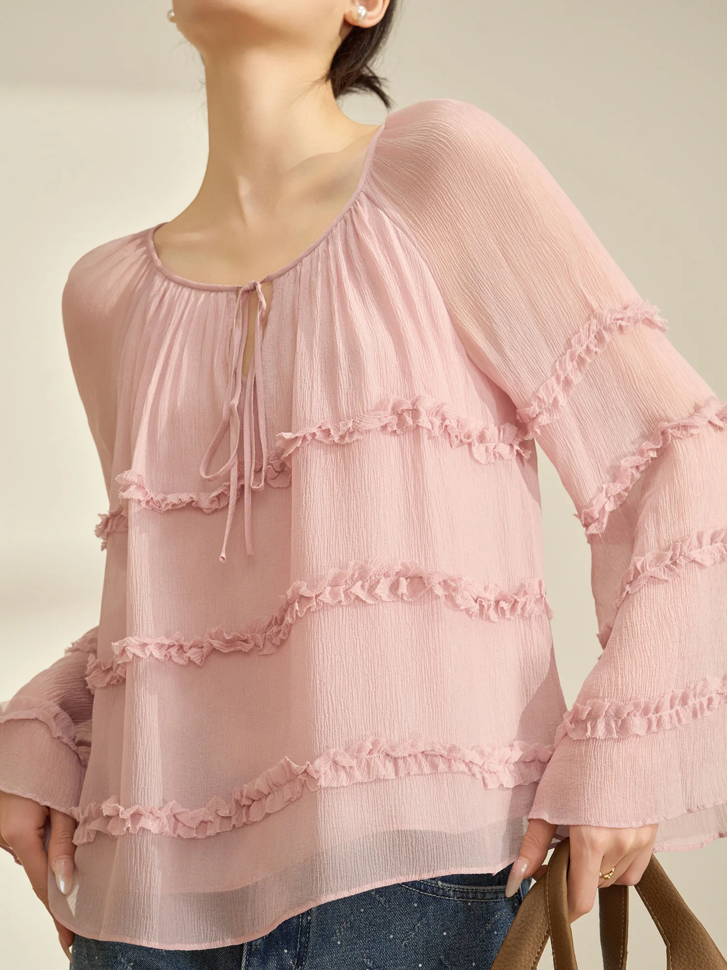 

Pink Lace Trim Flowing Era2026 Spring New Sle Women's Chiffon irt Unique Beautiful Small irt Breathable Long Sve rou...