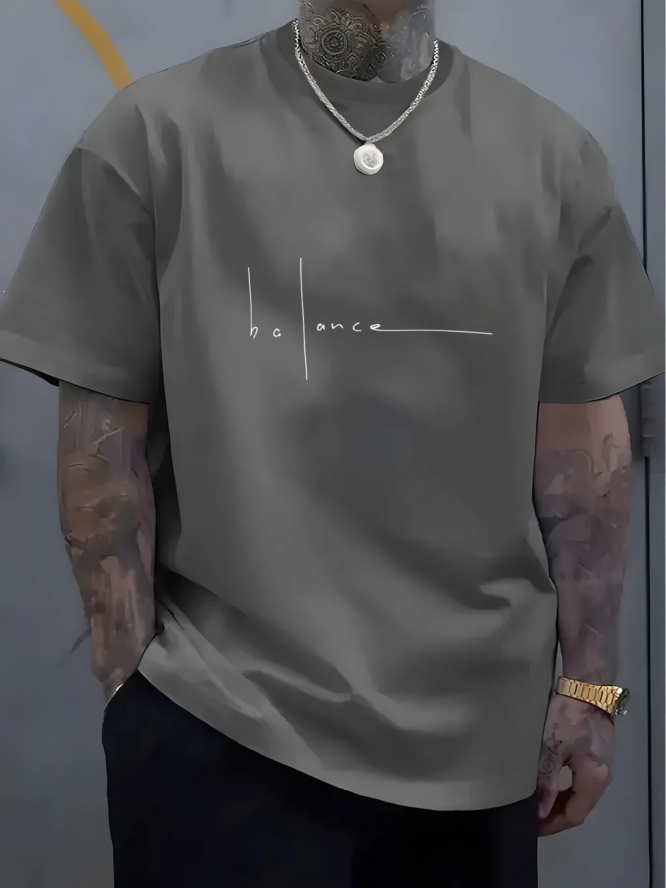 Men's Summer Fashionable Casual Sports Loose Trend Balance Letter Print Round Neck Short Sleeved T-shirt Top