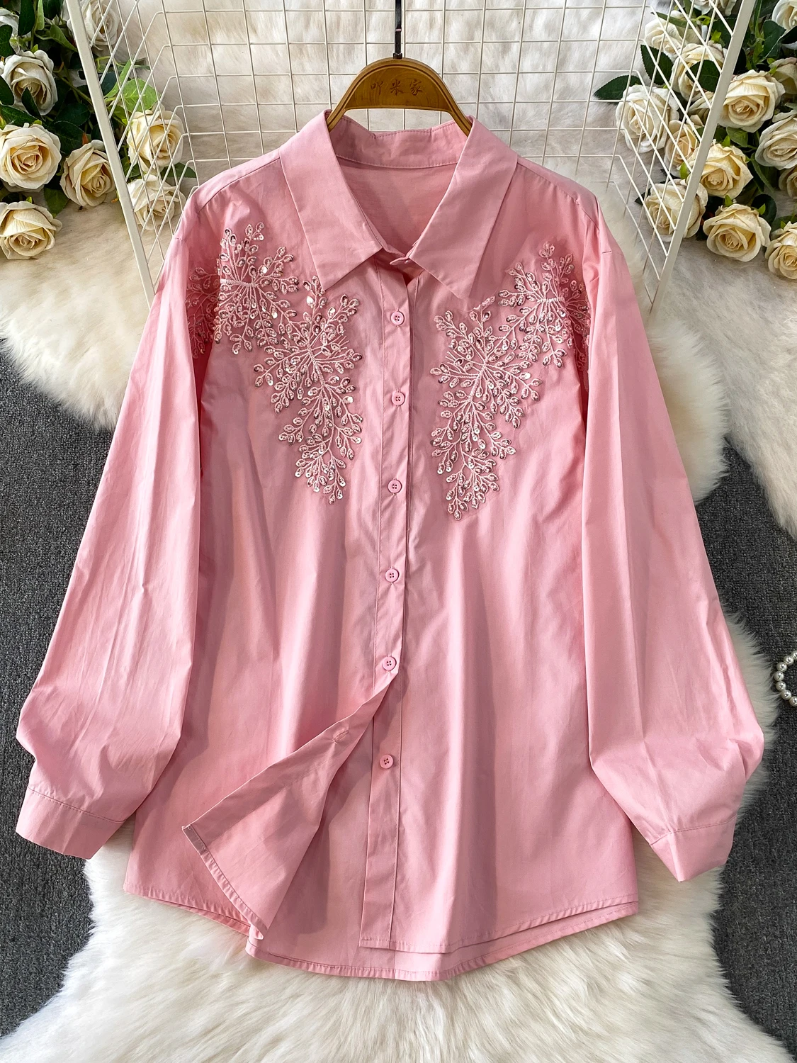 

Ele Embroidered Sequin irt Women's Casual Loose Sun Protection Mid-Length Top Flip-Collar Long Sve Spring Autumn Wear
