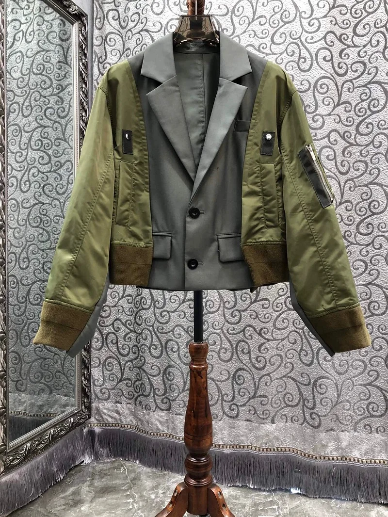 Abrigo con cuello con muescas para mujer, chaqueta verde y negra de retales, de alta calidad, novedad de otoño e invierno, 2024