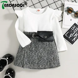 1-5Y Kids Girls Autumn Winter Clothes 3Pcs Set Long Sleeve Fly shoulder Ribbed Tops+Plaid Short Skirts With Belt Bag Child Suit