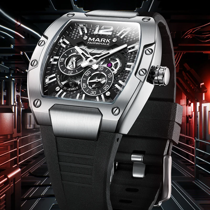 Tonneau Watches for Man Automatic Mechanical High Quality Waterproof Silicone Strap relogio masculino