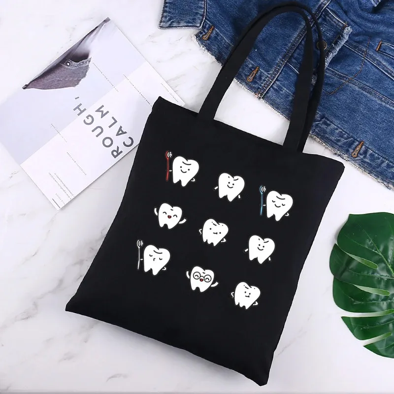 

Dental-Themed Tote Bag "I Love Teeth" with Dental Illustrations for Shopping Gift for Dental Assistants, Dental Office Decor
