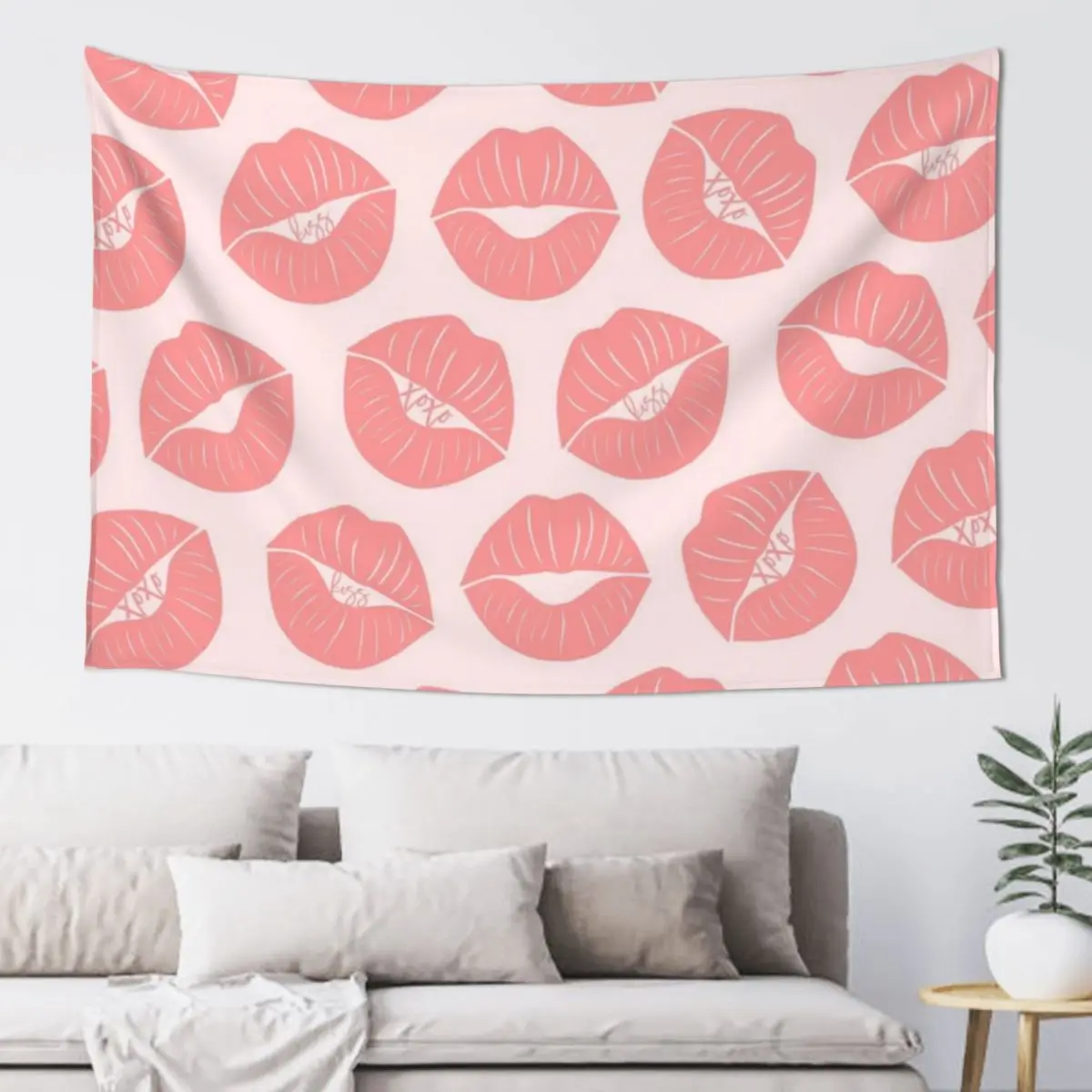 

Girly Cute Coral Pink Xoxo Kiss Lips Illustrations Tapestry Carpet Wall Room Decoration Aesthetic Cute Room Things Tapestry