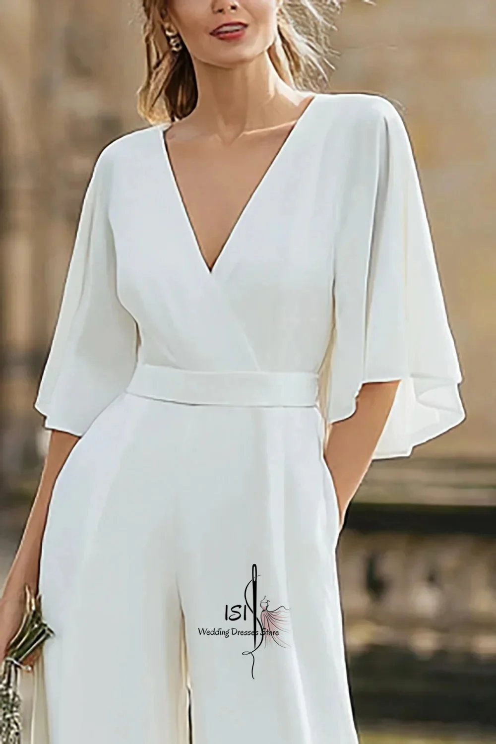 ISI Customized V-Neck Half Sleeves Long Wedding Jumpsuits With Pockets Simple Elegant Bridal Wedding Party vestido de noiva ﻿