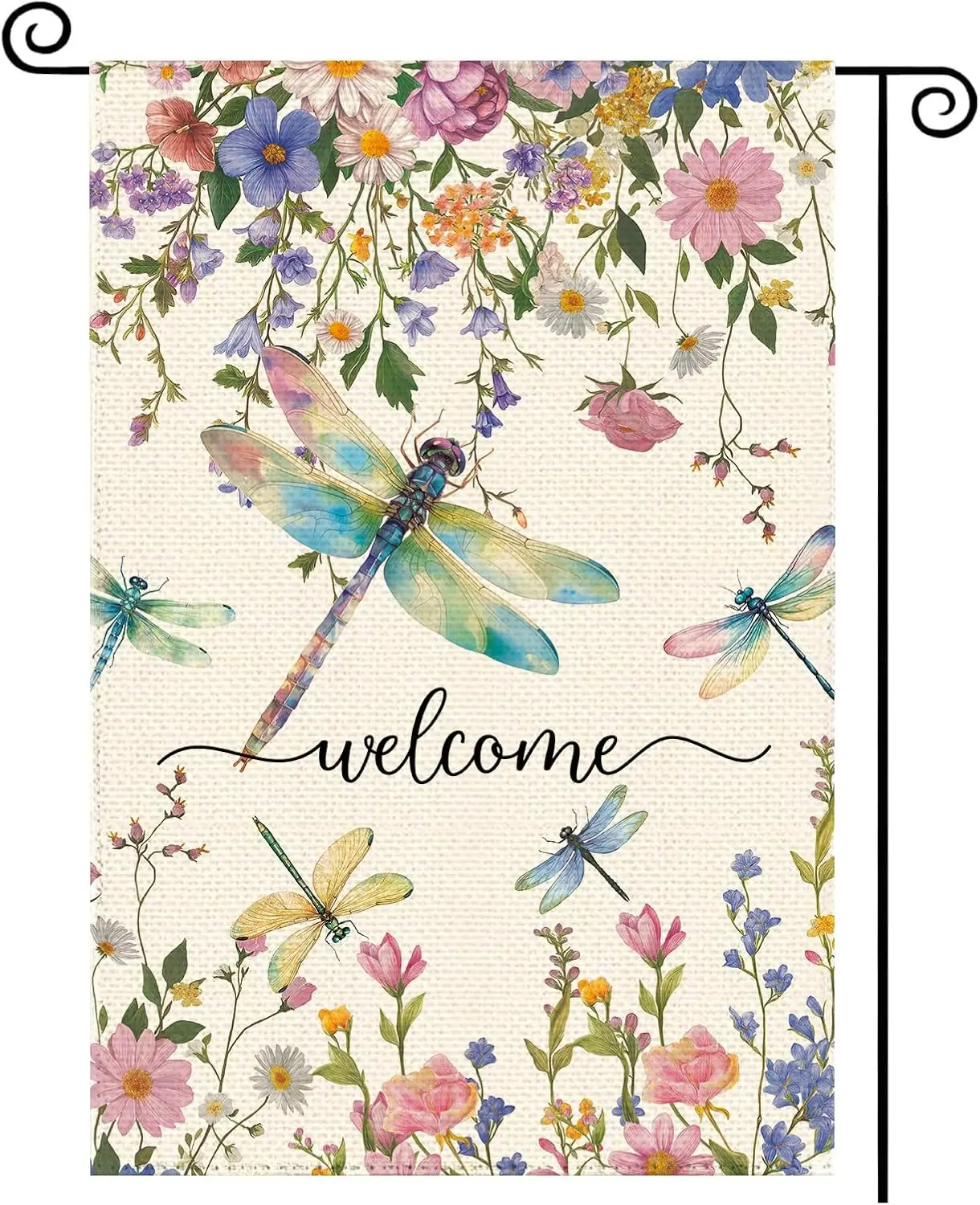 Spring Summer Dragonflies Wildflowers Welcome Garden Flag 12 x 18 Inch Double Sided, Watercolor Floral Burlap Small Yard Fla PPZ