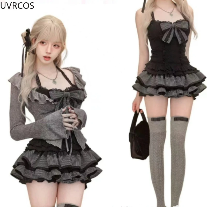 Y2k Lolita Style 3 Piece Set Woman Chic Short Cardigan Cute Bow Vest Tops Kawaii Stripe Pleated Skirts Suit Gothic Sweet Outfits