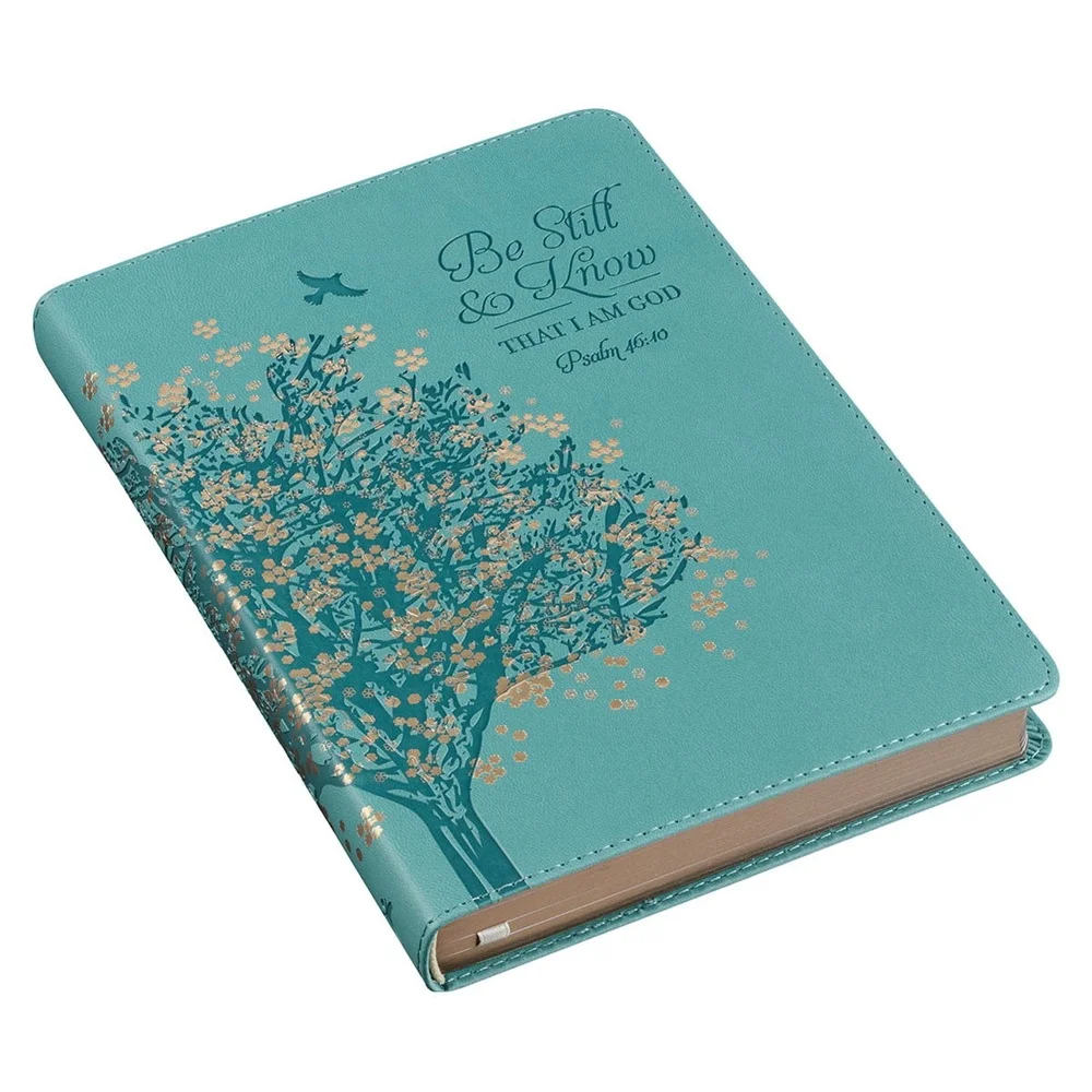 Teal Faux Leather Classic Journal Be Still Know 336 Lined Pages Heat Debossed Tree Gold Foil Accents Scripture Quotes Gift Idea