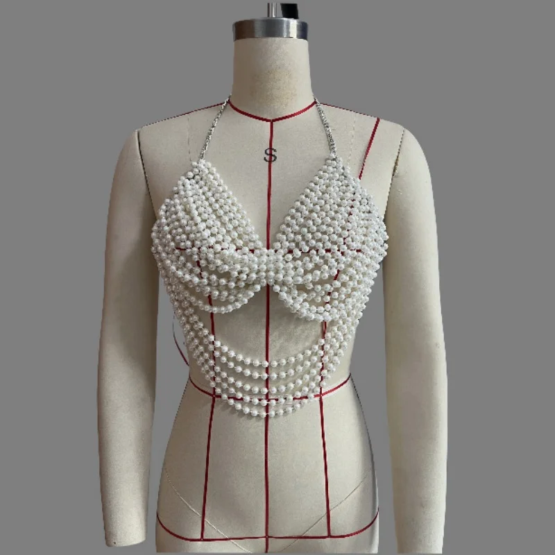 Handgefertigtes Damen-Oberteil mit Imitationsperlen, Neckholder, Körperschmuck, Quasten und Fransen, verstellbares, rückenfreies Perlen-Harness für Hochzeit, Party und Rave – Detail 2