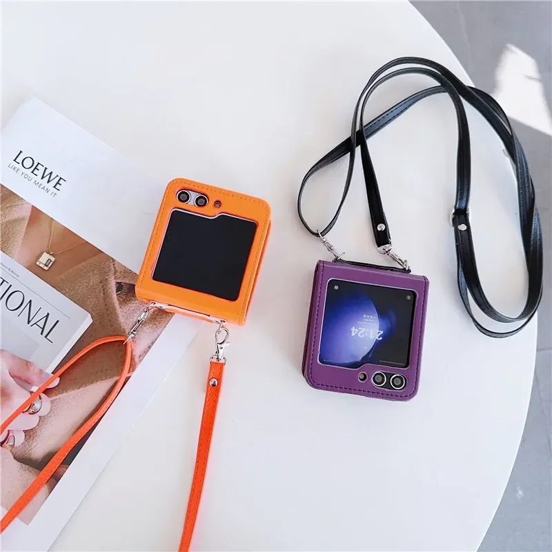 Crossbody Lanyard Lambskin Leather Phone Case for Samsung Galaxy Z Flip 6 5 4 3 Flip5 Flip4 Flip6 5G Shockproof Protective Cover