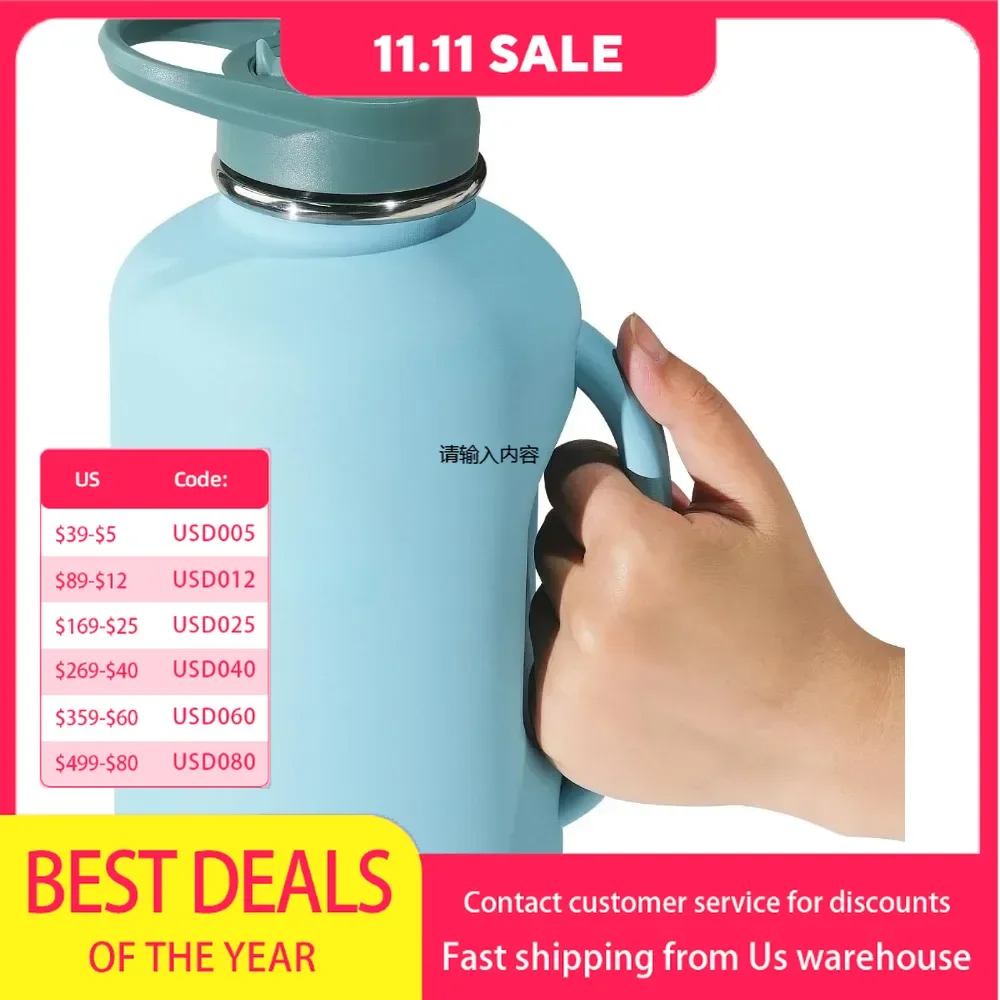 Water bottle insulated half gallon straw mouth cap with handle, double wall vacuum cleaner, stainless steel with handle