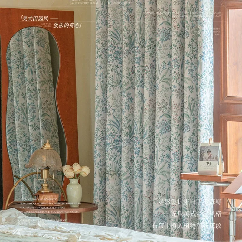 Floral-Print American Vintage Luxury Country Cotton-Linen Curtains for Living Room Bedroom French High-End Custom Size