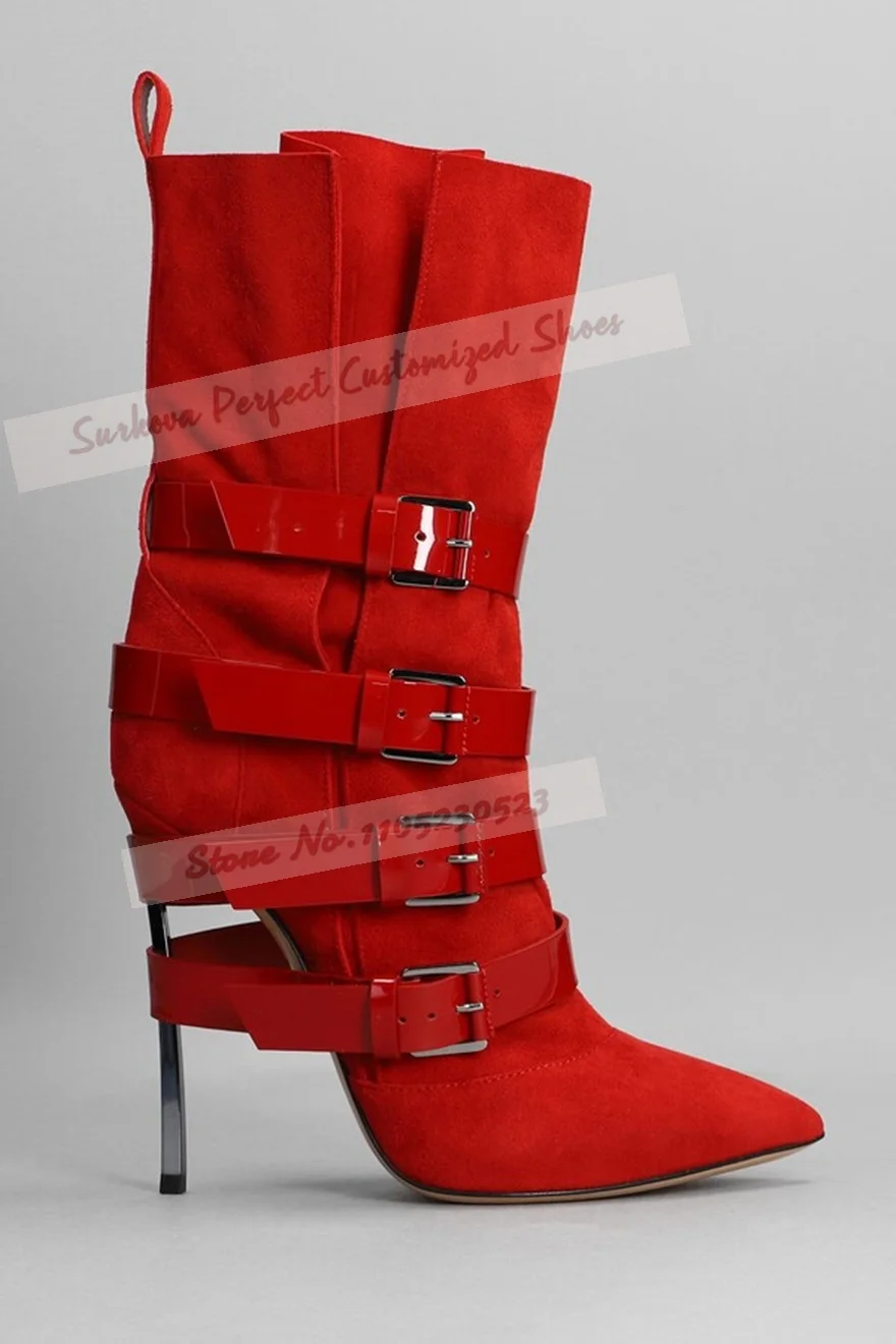 

Women Metal Blade Heel Mid-Calf Boots Red Black Buckle Straps Pointed Toe Middle Boots Elegant Banquet Dress Shoes