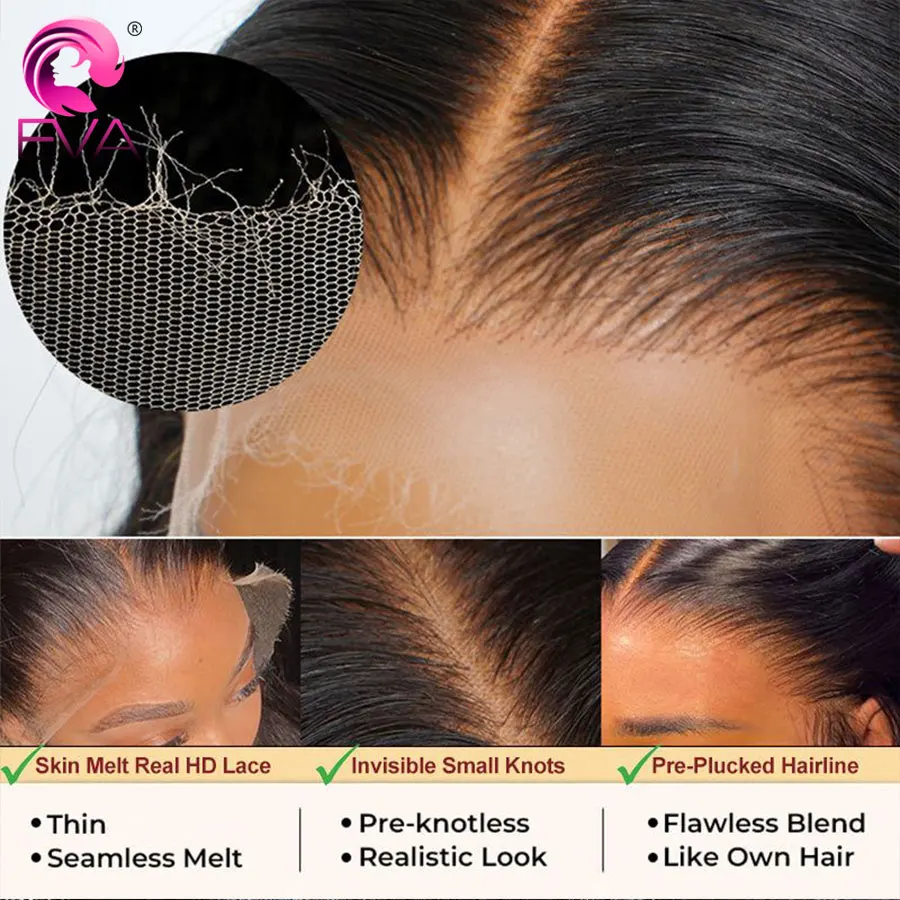 Eva Hair Invisible HD Lace Closure Ultra Thin HD Film Lace Frontal 13x4 13x6 Closures Straight & Body Wave Human Hair Closures