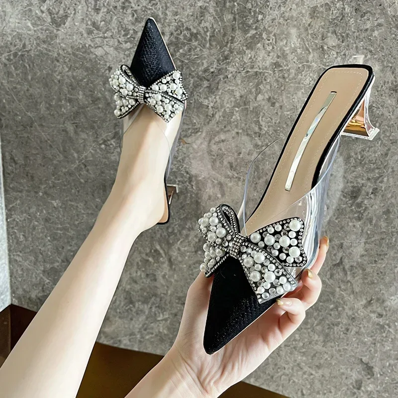 Sweet Shoes for Women Lovely Slippers Women Basic Slides Strange High Heels Solid Pointed Toe Butterfly-knot Summer Slippers