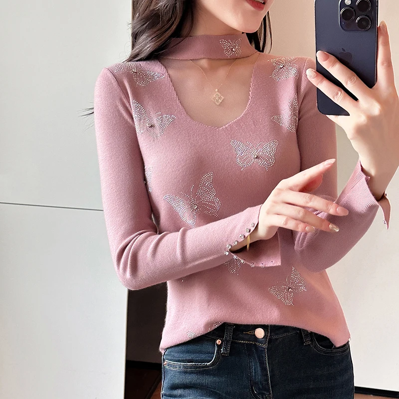 

Женский вязаный свитер с высоким воротником, длинными рукавами, ажурными вставками и стразами, модный, стройнящий, базовый слой