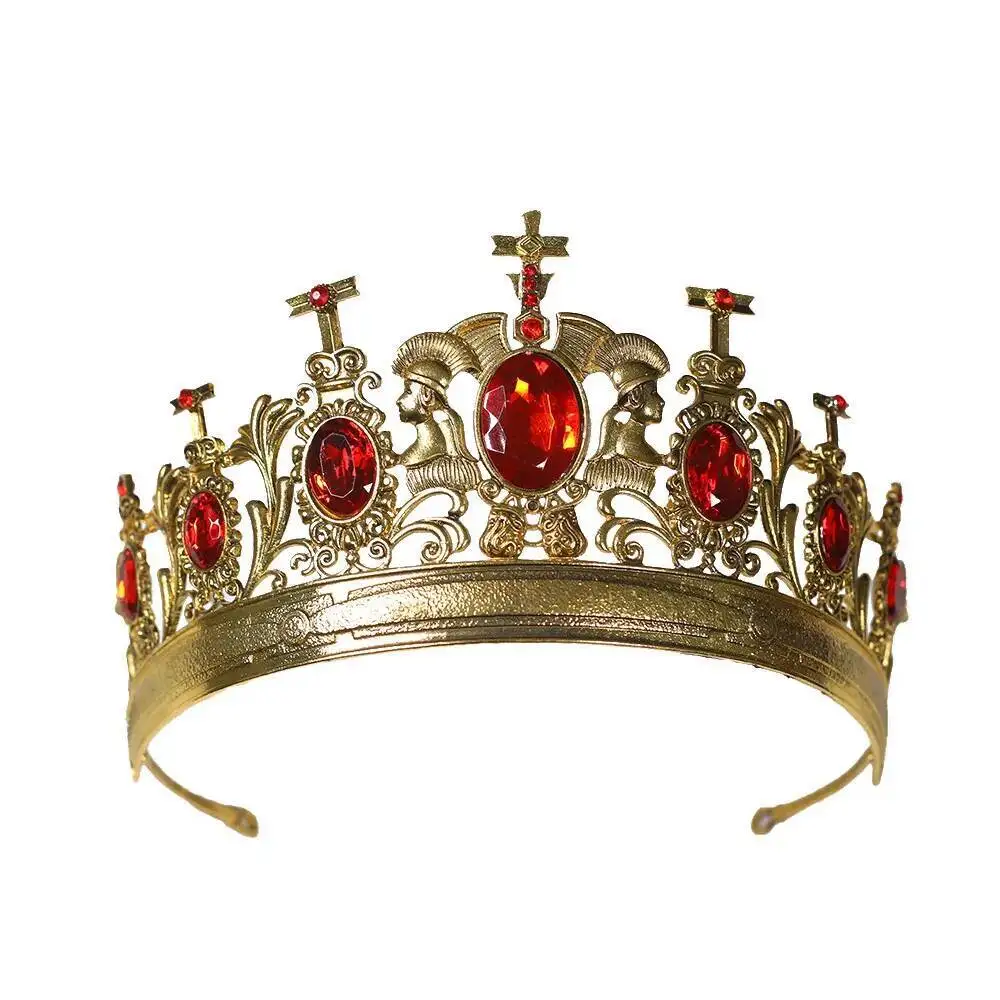 

Диадемы с крестом и королем, мужские золотые сплавы, металлические красные кристаллы, средневековые короны, женский конкурс, диадема, костюм, косплей, головные уборы на Хэллоуин