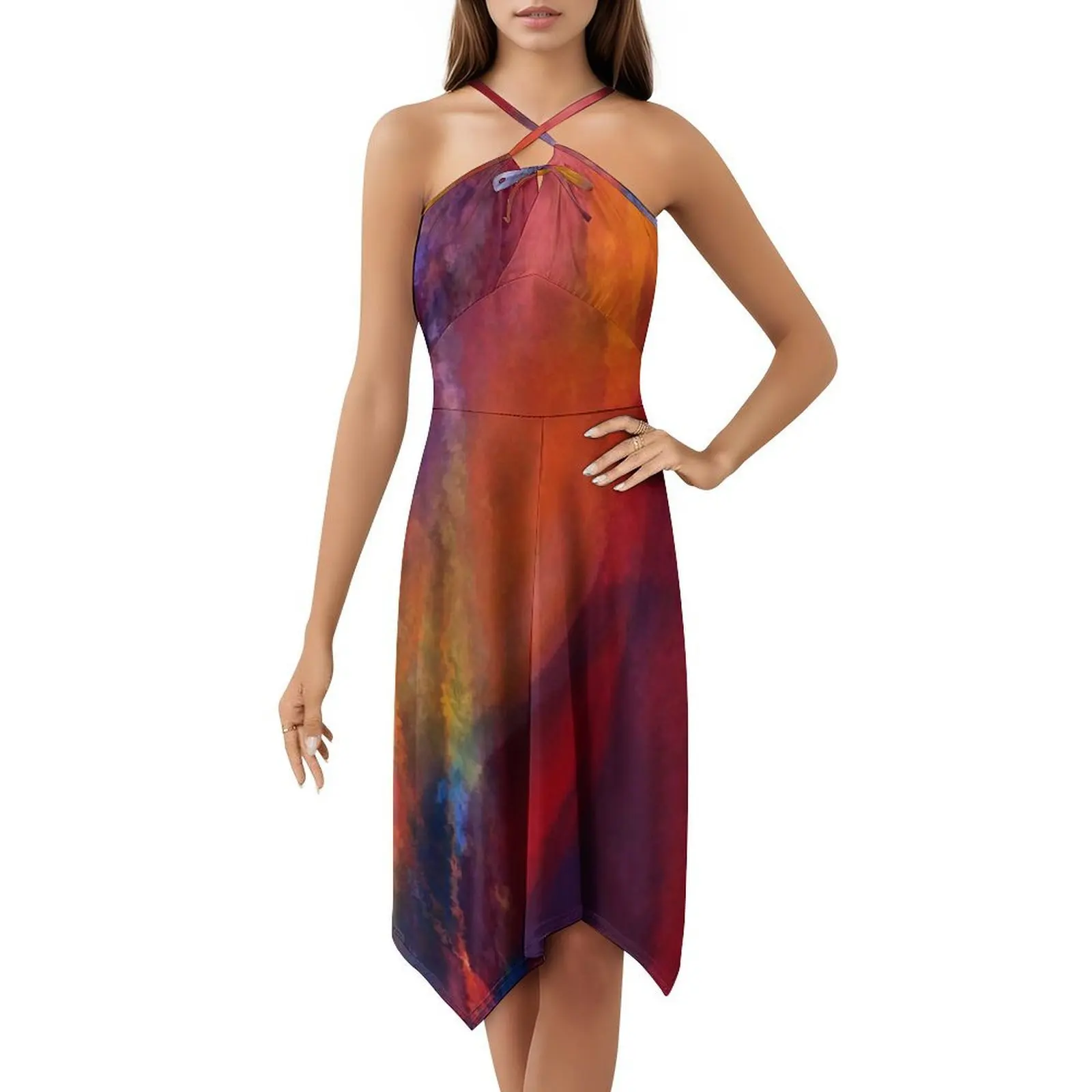 فستان رقص الألوان على شكل حرف a فستان بفتحة عنق على شكل قلب فستان أنيق للحفلات الصيفية للنساء لوحة تجريدية تجريدية
