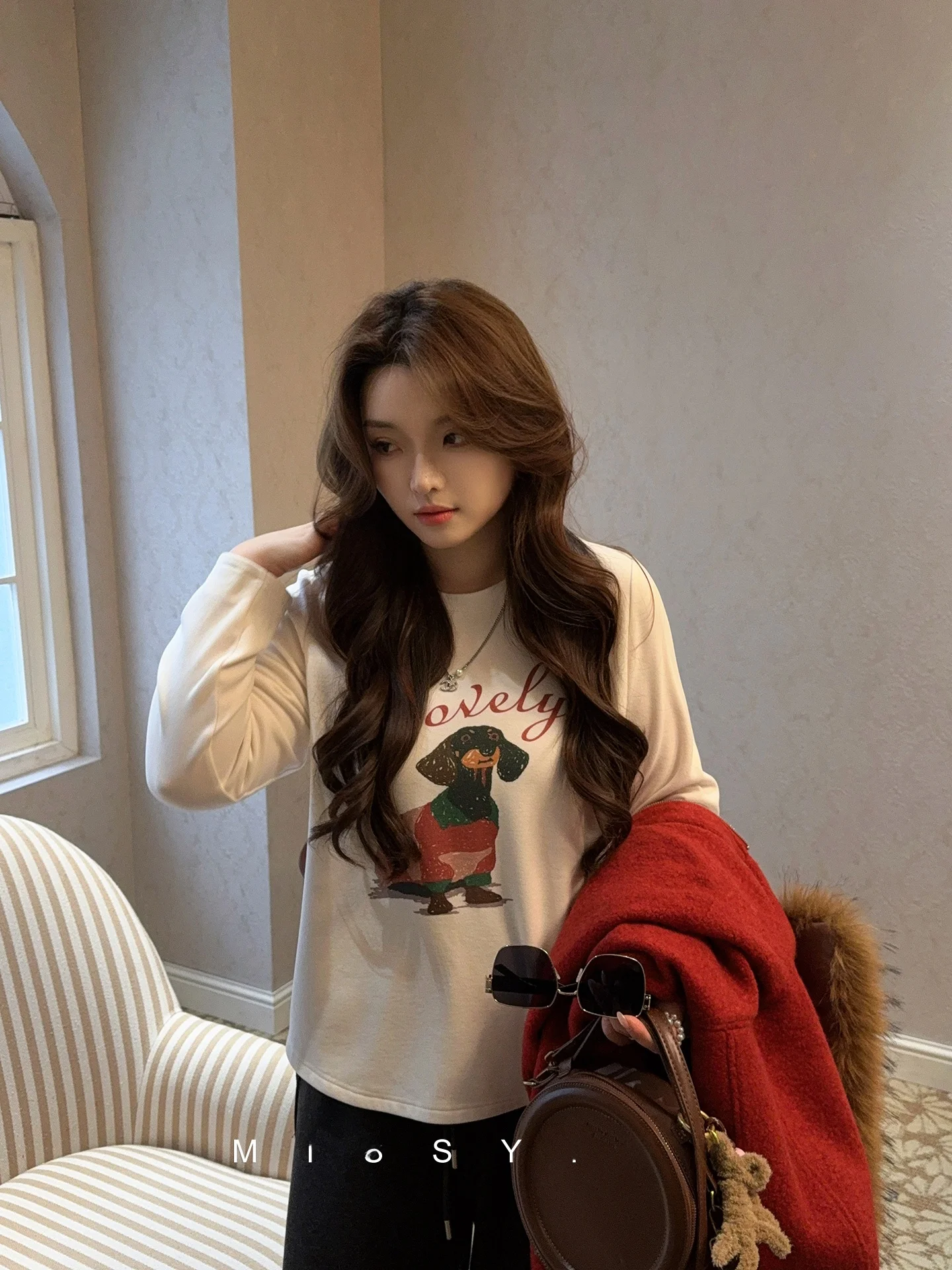 

plus Size Women's T-Shirt American Print Base Layer Winter New Style Shoulder Loose Top Dongxiang Dog Pattern Korean Style