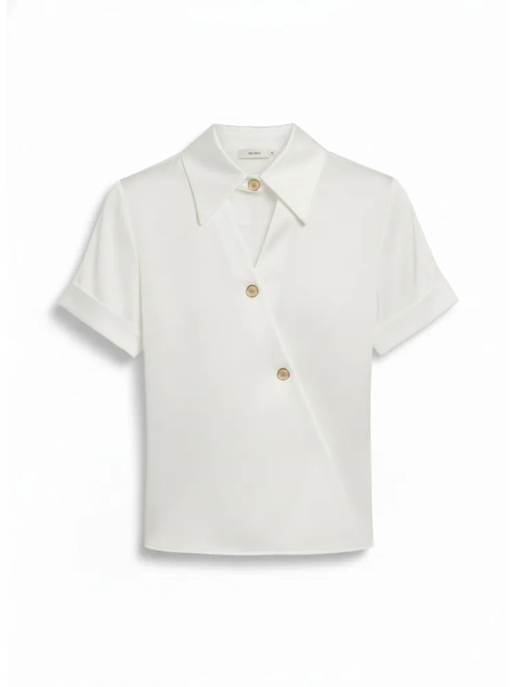 

Freeacy 2025 New Women's Elegant Shirt Hollowed Notched Collar Short Sleeves T-shirt Buttoned Commuter Blouse for Office Ladies