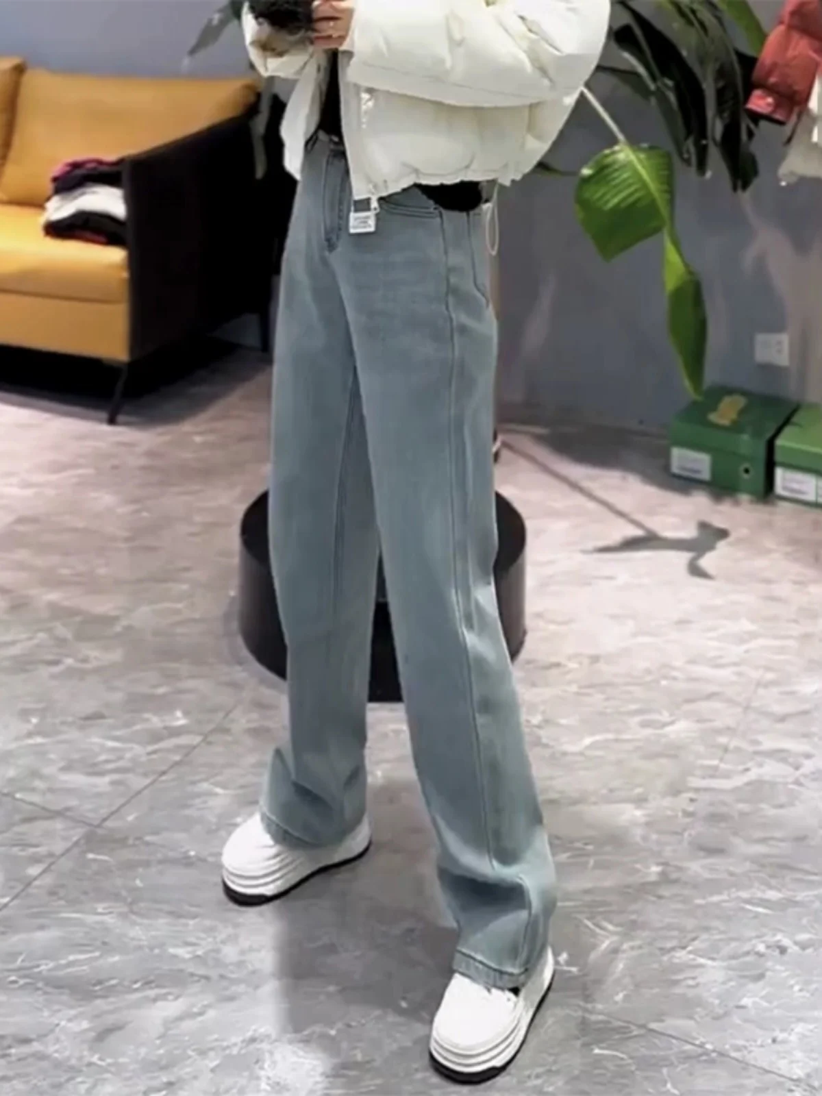 Blue Slim Fit Straight Leg Jeans Women's plus Size Spring 2024 High Waist Cotton Polyester Blend Long Pants plus Size Faion