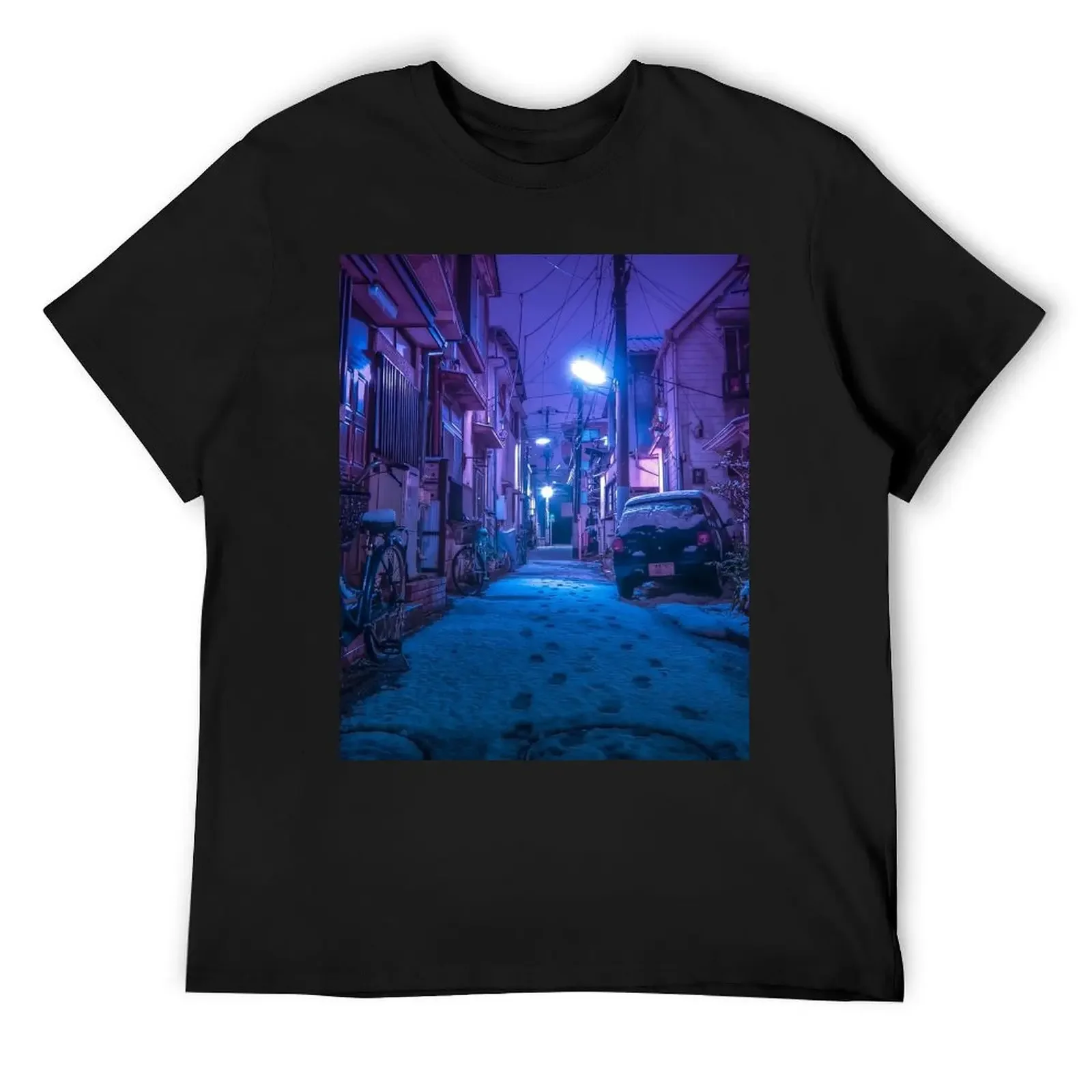 Snow covered Japanese street T-Shirt anime Aesthetic clothing mens t shirts top quality