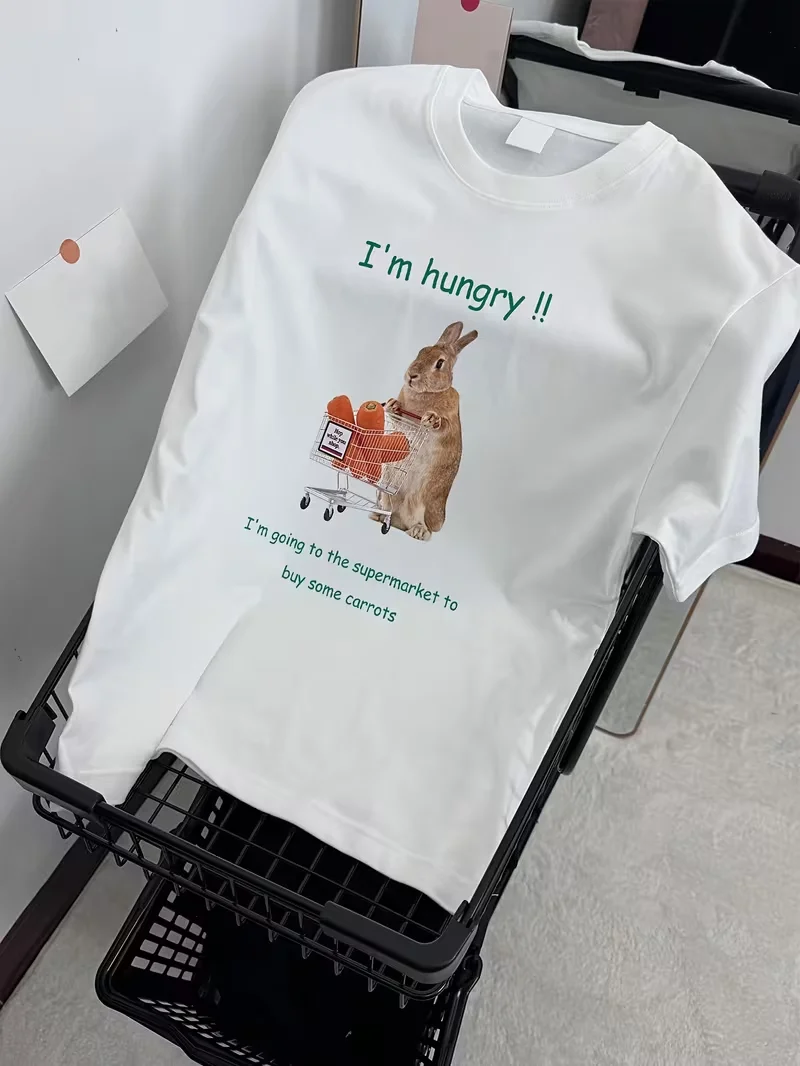 Funny Hungry Rabbit Shopping Cart Print T-Shirt, Funny Cartoon Graphic Crew Neck Short Sleeve, Casual Summer Top for Daily Wear