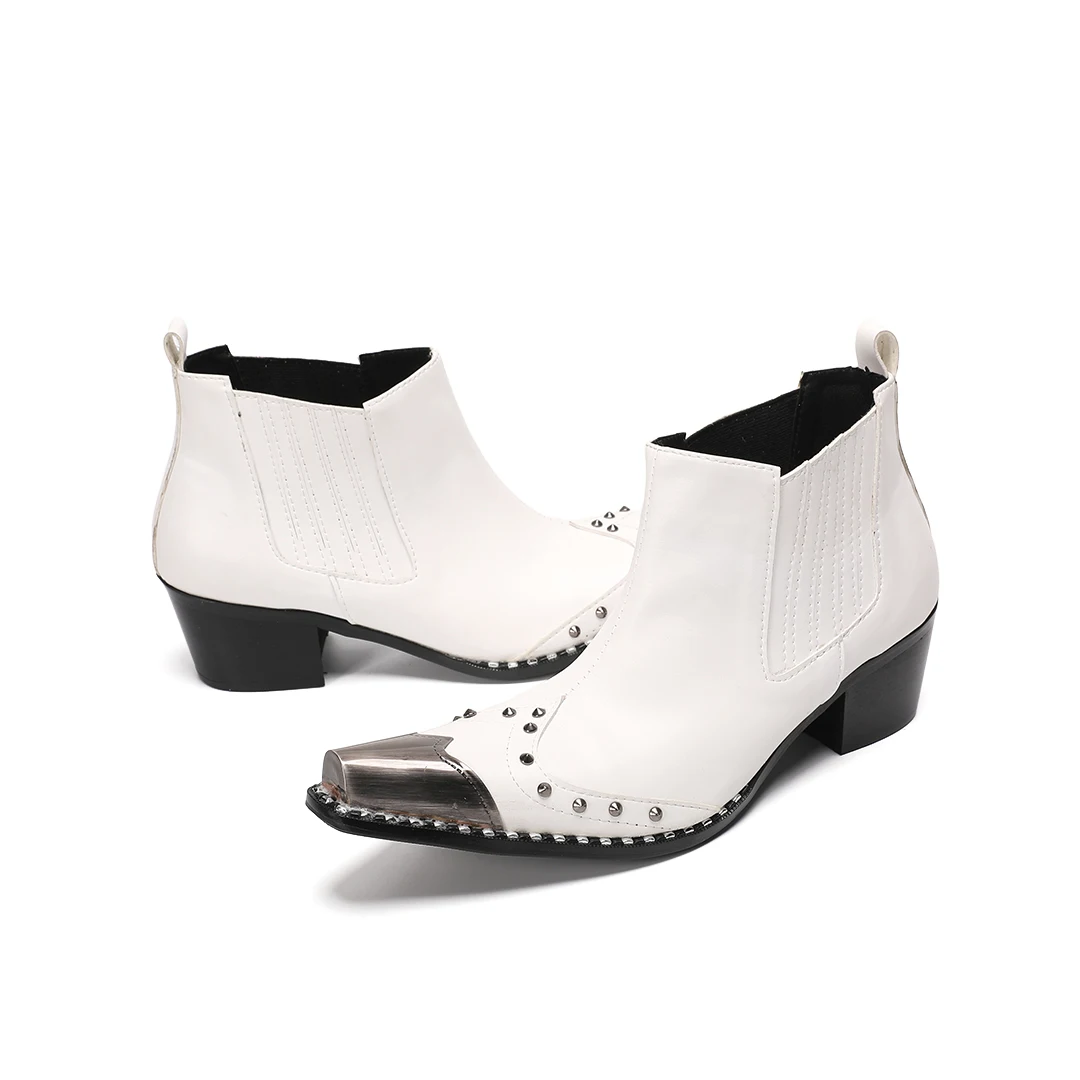 Pointy Toe genuine leather Chelsea Boots zipper Cuban Heel White rivets Ankle Boots Silver Cap Toe Western Cowboy Party Boots