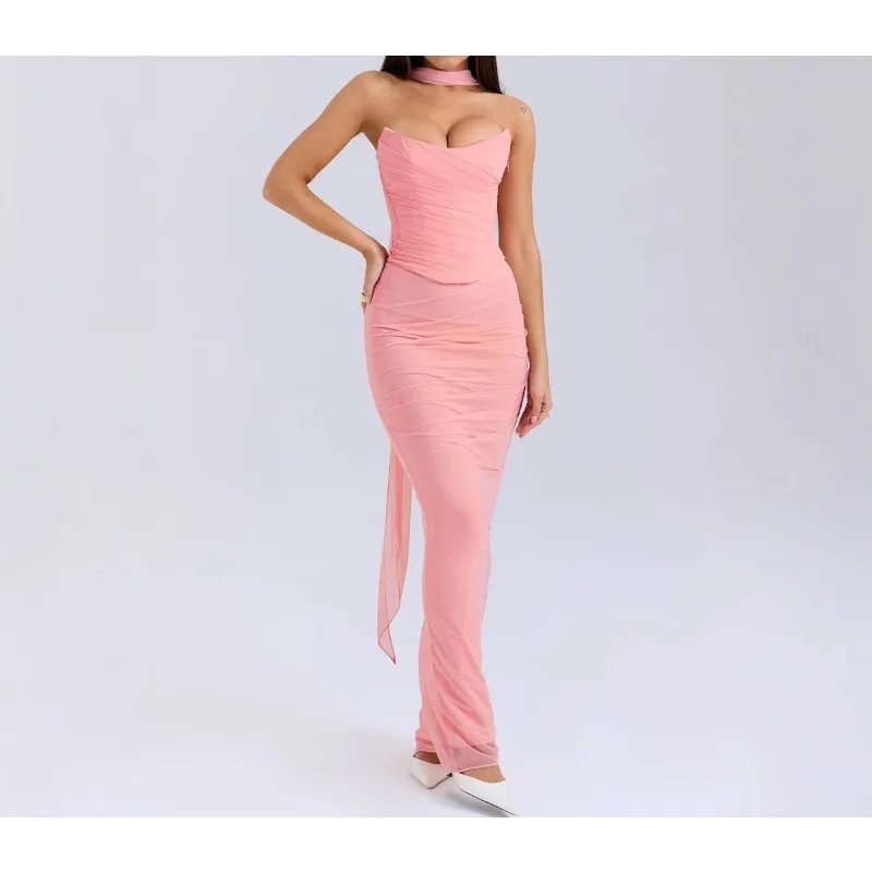 XIZOU 2025 우아한 투피스 드레스 세트, 여성 패션 매칭 세트, 섹시 크롭탑과 롱 세트 캐주얼 섹시 드레스