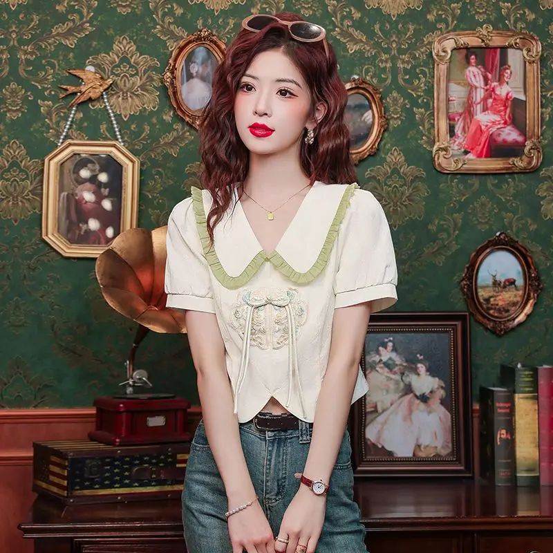 Patchwork Polo Neck Versatile Sweet Short T-shirts Summer Chinese National Style Shirts Korean Fashion Vintage Women Clothing