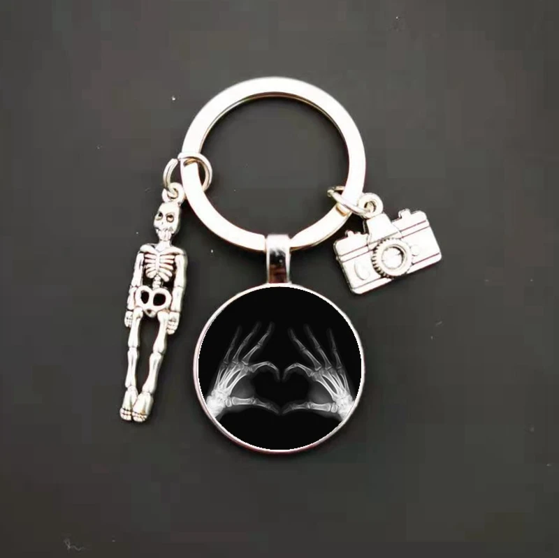 Fashion Creative Vintage Skeleton Pendant Key Chain X-ray Film Glass Convex Round Key Ring Cute Key Chain Handmade DIY Bag Charm