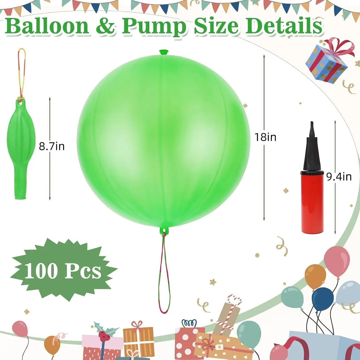 100 Pcs Punch Balloons Heavy Duty Punching Balloon Halloween Party Favors with Rubber Band Handle and Air Pump for Birthday Halloween Goodie Bag Stuffer Supply (Green)