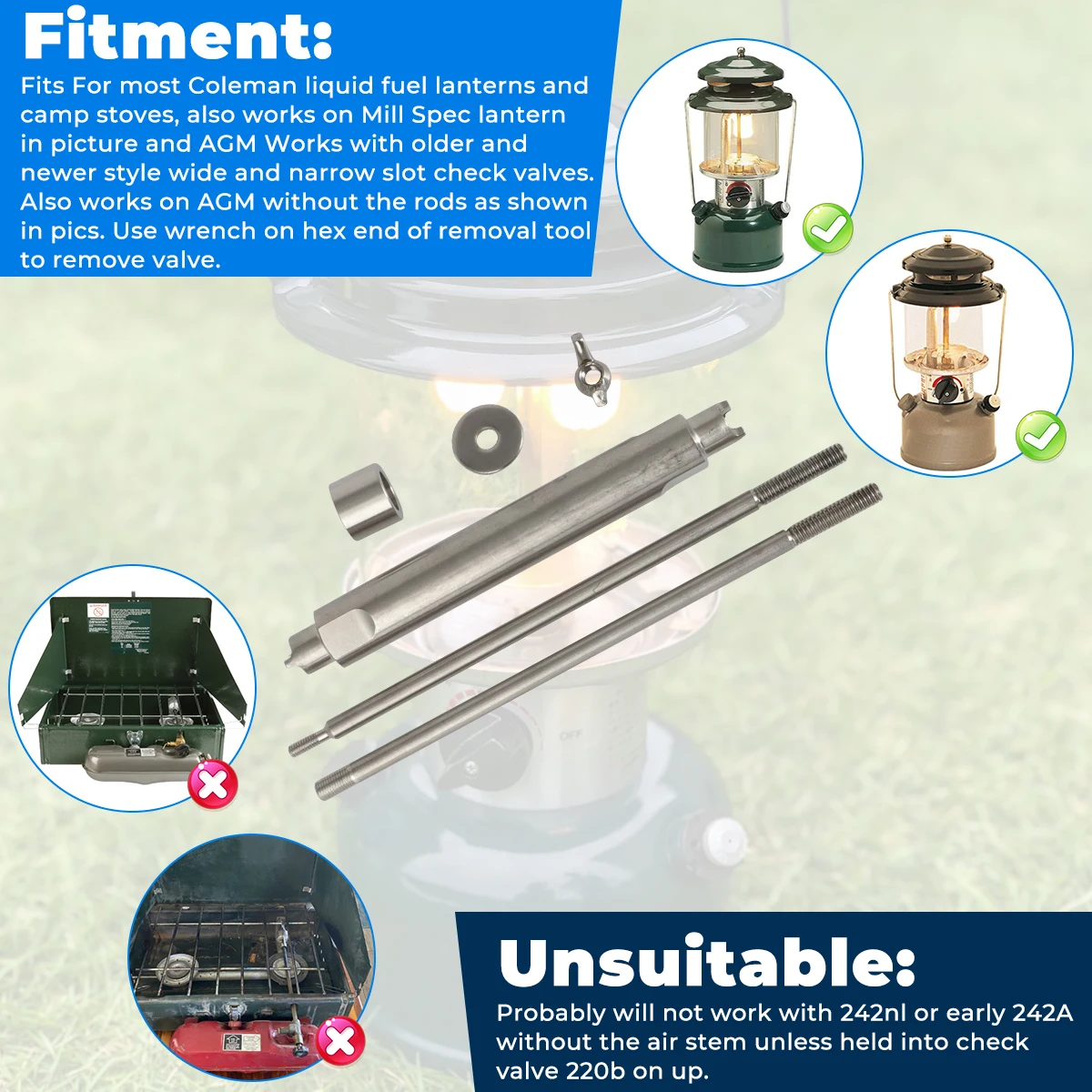 For Most Coleman Lantern DOUBLE END Wide & Narrow Slot Check Valve Removal Tool  316 Stainless Steel+Mental