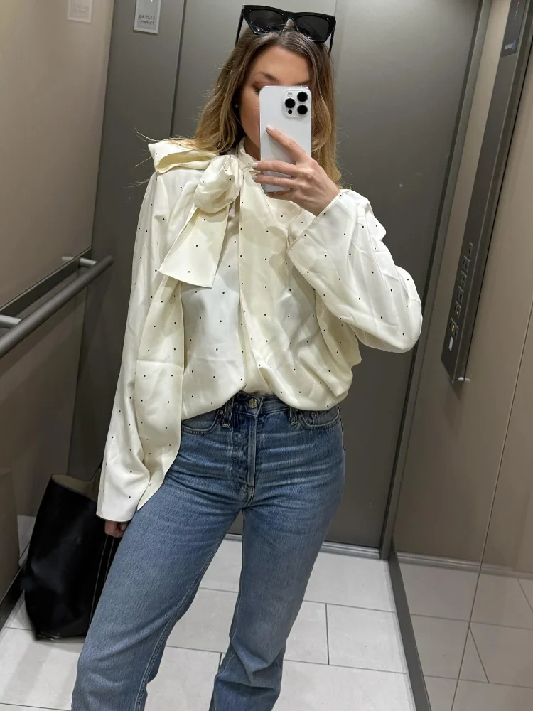 

Блузка с принтом в горошек, женская атласная блузка с шарфом, элегантные классические рубашки с длинными рукавами, новинка 2023 года, осенние женские повседневные уличные топы