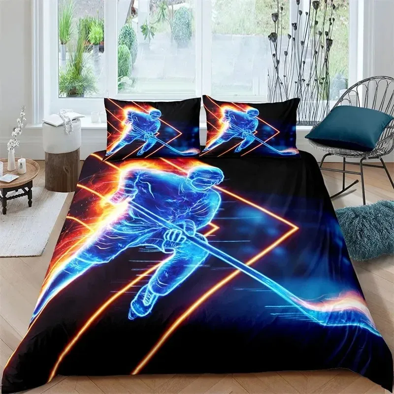 

Ice Hockey Duvet Cover Hockey Player Bedding Set Winter Sports Event Comforter Cover Twin Full For Kids Boys Girls Bedroom Decor