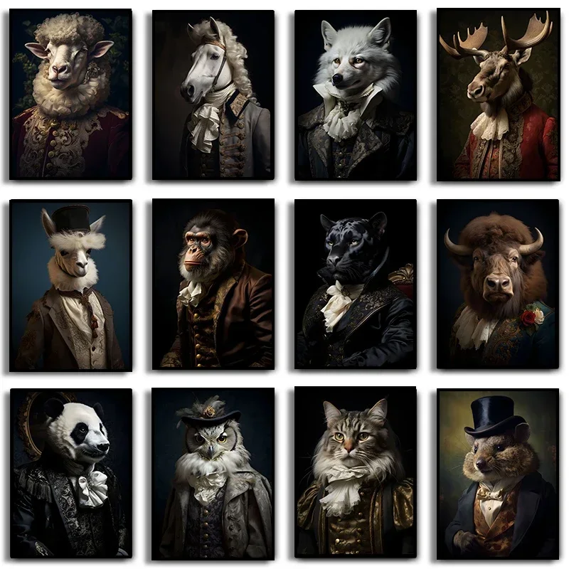 Renaissance European Aristocrat Dog Cat Moose Wolf Deer Owl Duck Monkey Poster Print on Canvas Wall Art Picture Room Home Decor