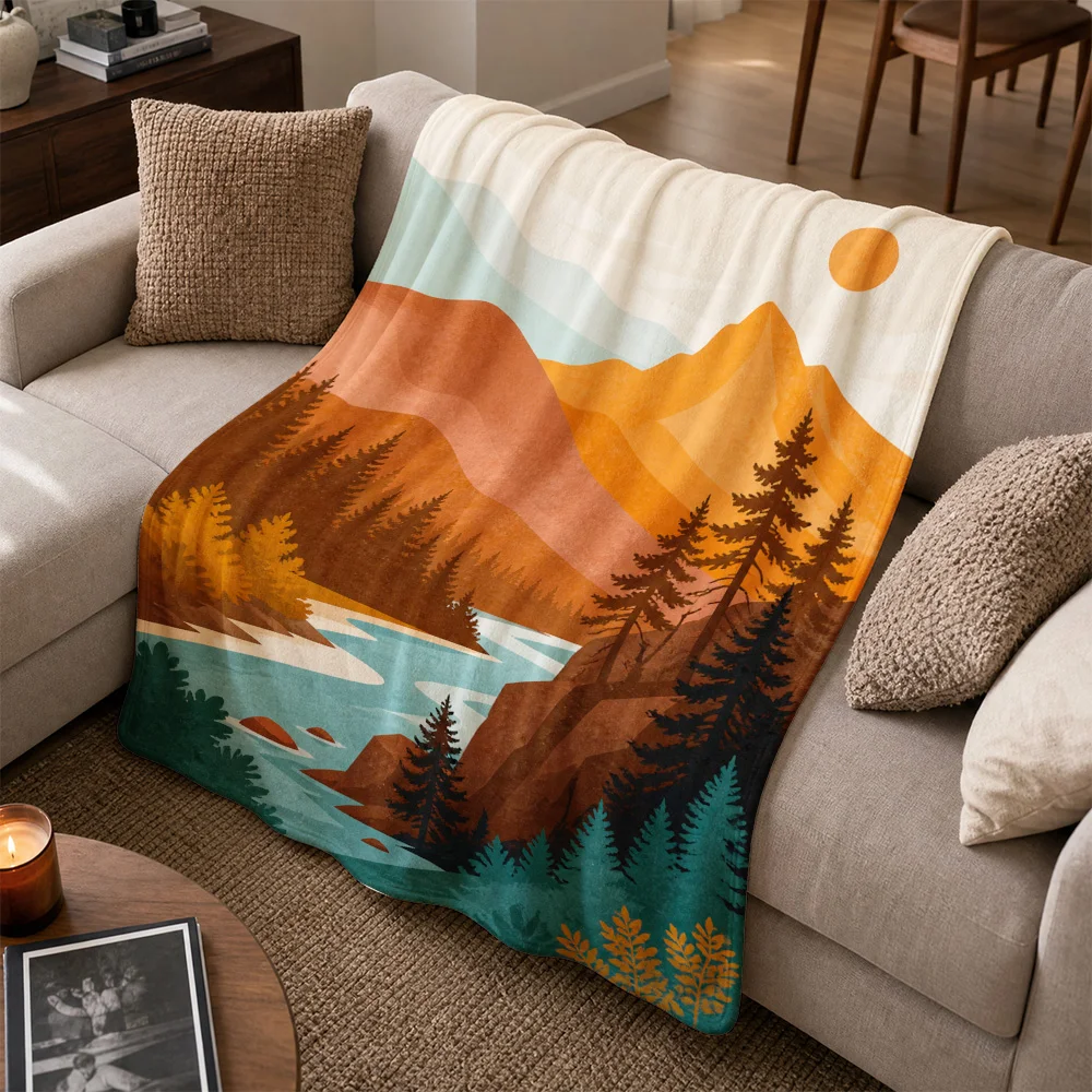 Aesthetic Mountain Sunset Landscape Throw Blanket for Sofa Couch Boho Forest Decor Cozy Living Room Home Accent
