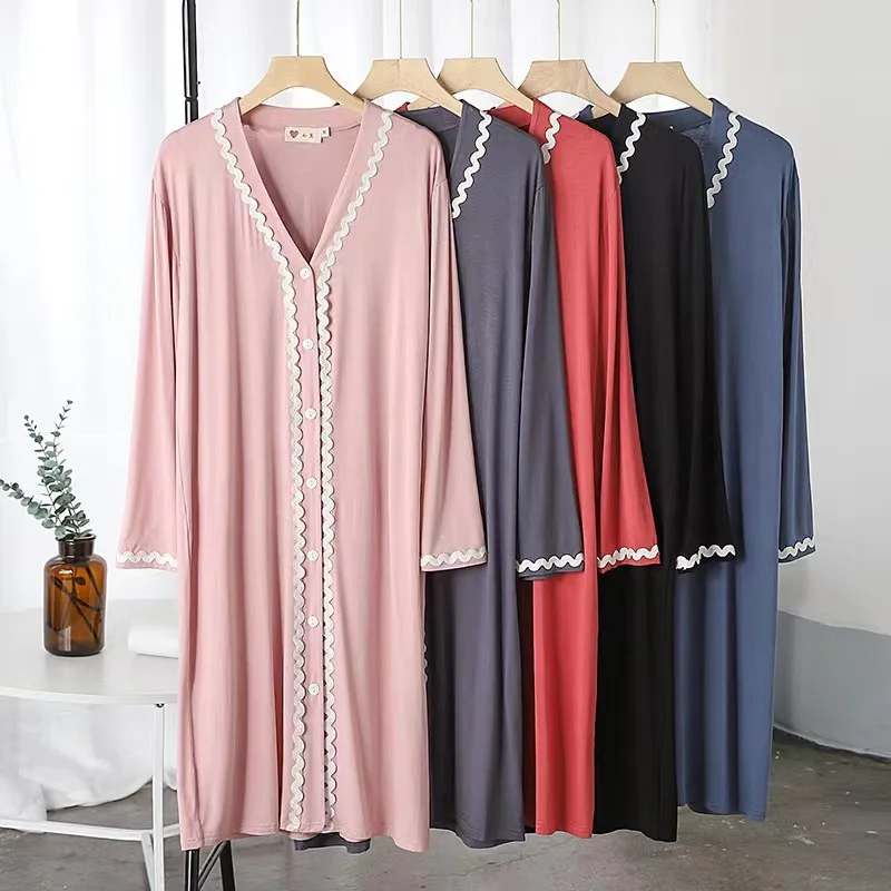 2024 Modal homewear Nightdress Dress women\'s Long-Sleeved mid-length Pajamas Spring, Autumn Loose High-end Robes Sleepshirts