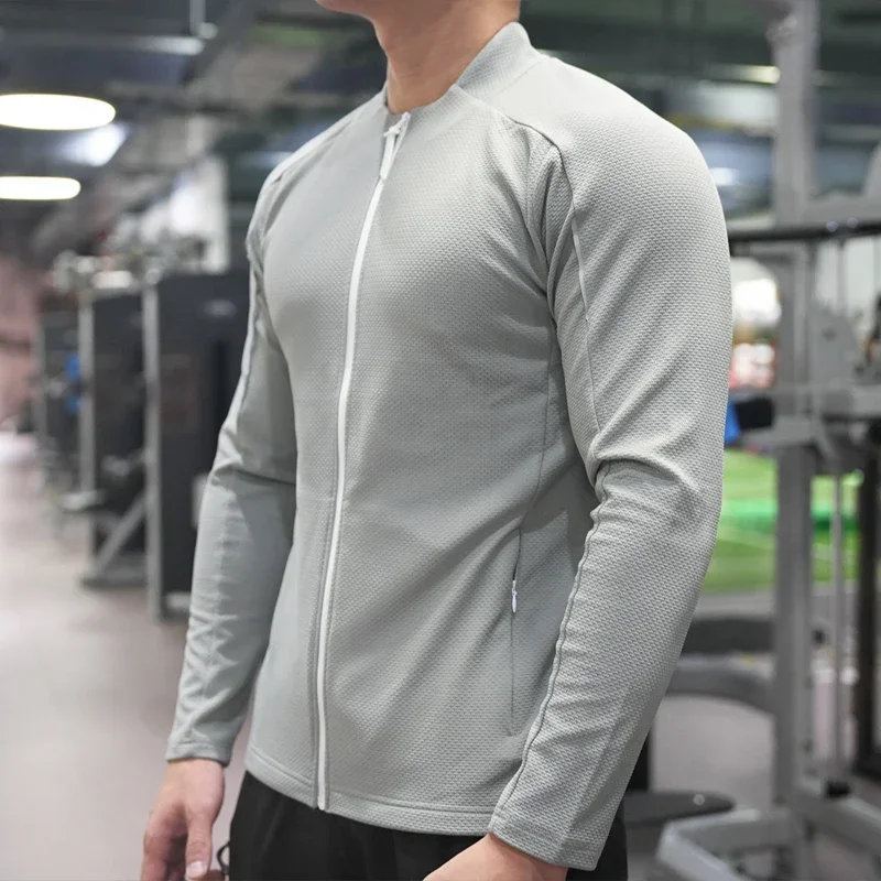 Jaket kebugaran pria, kardigan ritsleting elastis bernapas luar ruangan Golf Top Gym Jogging olahraga lengan panjang kemeja pas otot