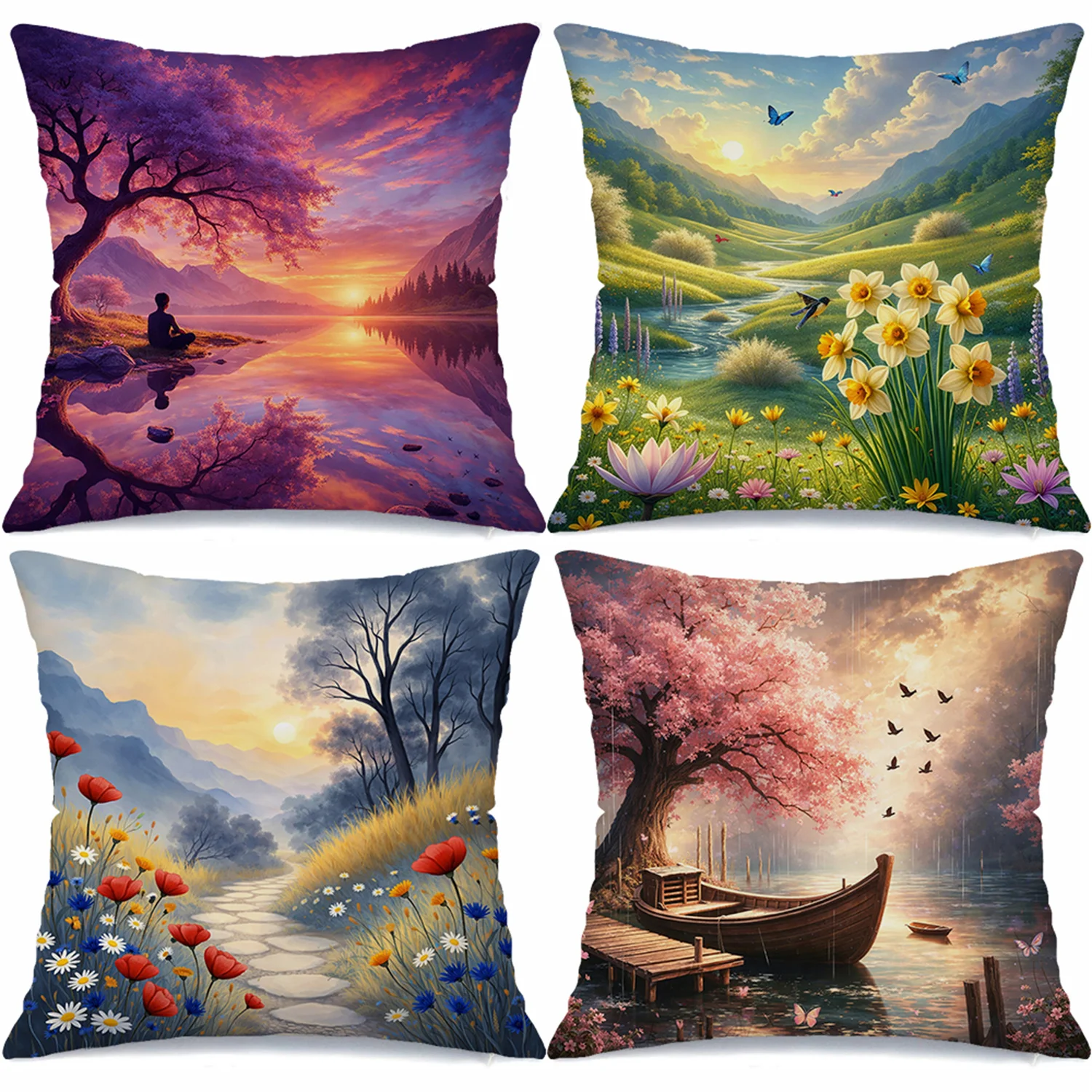 Cherry Blossom Stream Theme digital printing pillow cover Short plush Suitable living rooms bedrooms sofas throw cushion cover
