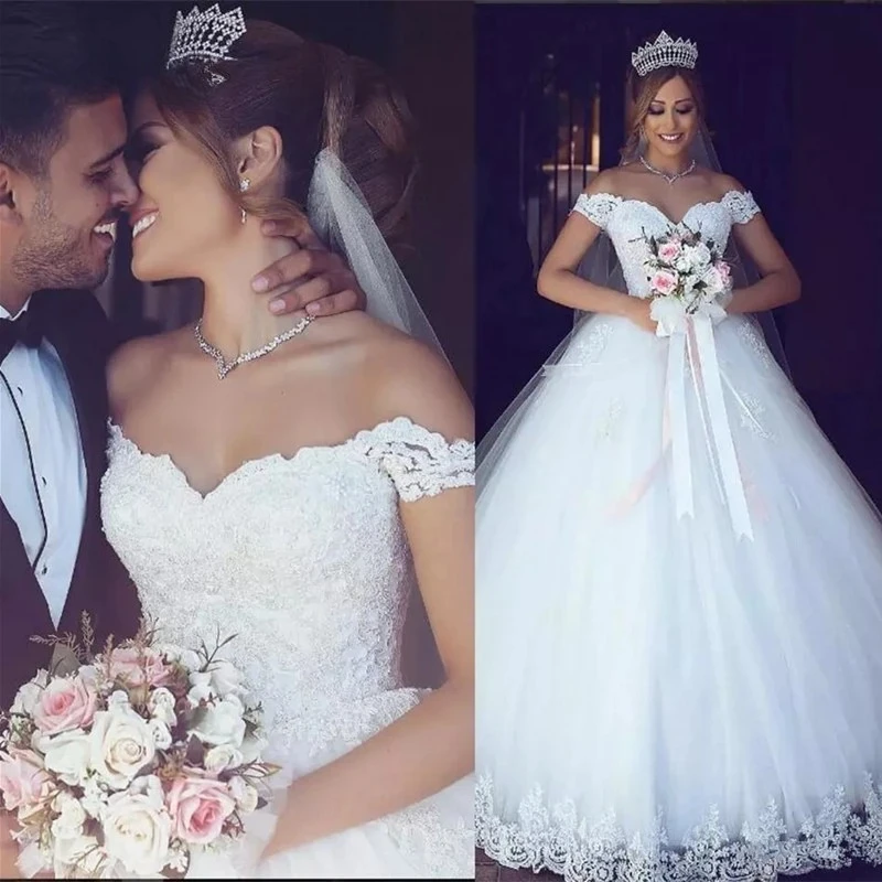 White Ivory Lace Appliques Ball Gown Cheap Off The Shoulder Short Sleeves Bridal Dress Wedding Dresses