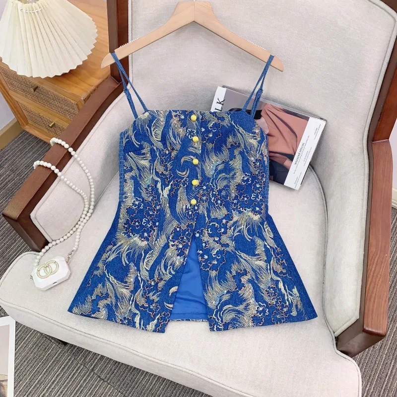 

Новый китайский джинсовый жилет на бретелях для женщин, летняя уличная одежда, модный облегающий топ из лиоцелла, повседневный наряд