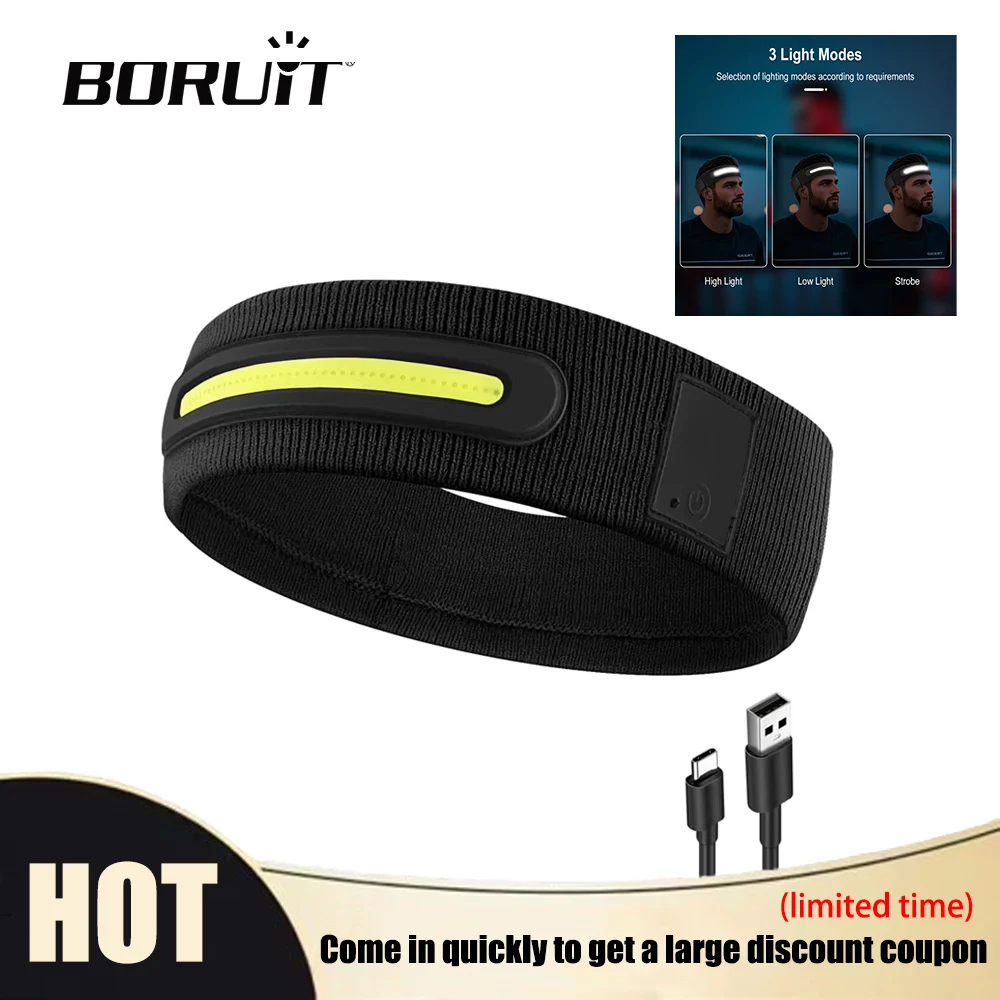 

BORUiT COB LED Running Headlamp USB Rechargeable Headlight with 3 Modes and Elastic Headband for Outdoor Night Sports Fitness